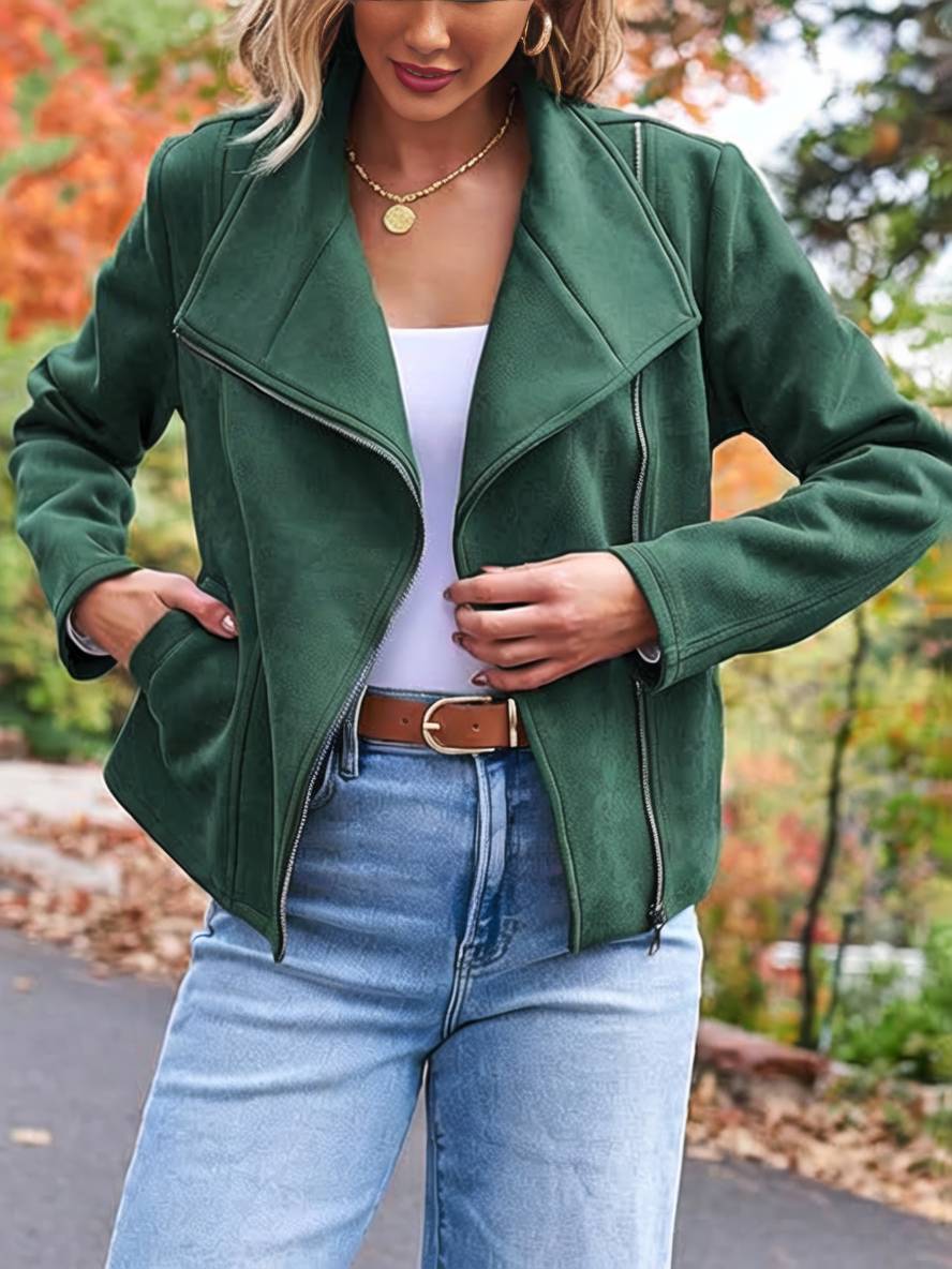WW | Perfekte Wildlederjacke aus Suedine mit Reißverschlusstaschen Reverskragen Lange Ärmel Damen Lässige Mode