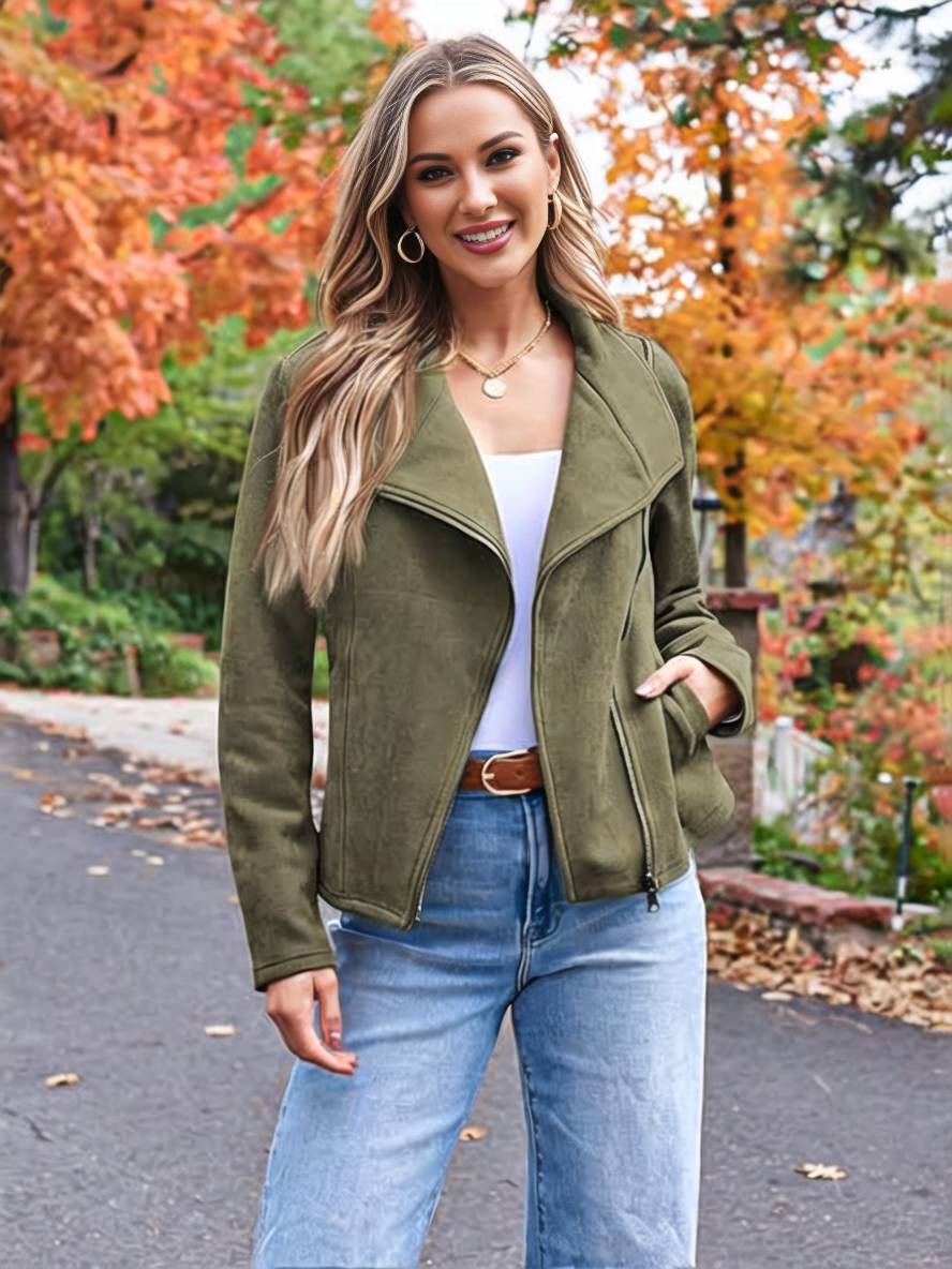 WW | Perfekte Wildlederjacke aus Suedine mit Reißverschlusstaschen Reverskragen Lange Ärmel Damen Lässige Mode