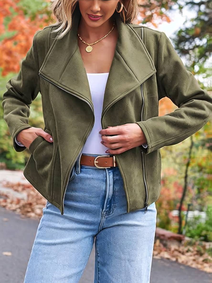 WW | Perfekte Wildlederjacke aus Suedine mit Reißverschlusstaschen Reverskragen Lange Ärmel Damen Lässige Mode