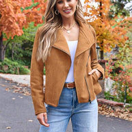 WW | Perfekte Wildlederjacke aus Suedine mit Reißverschlusstaschen Reverskragen Lange Ärmel Damen Lässige Mode