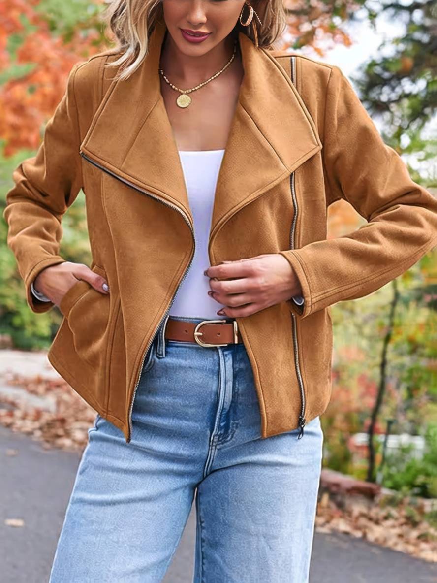 WW | Perfekte Wildlederjacke aus Suedine mit Reißverschlusstaschen Reverskragen Lange Ärmel Damen Lässige Mode