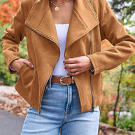 WW | Perfekte Wildlederjacke aus Suedine mit Reißverschlusstaschen Reverskragen Lange Ärmel Damen Lässige Mode