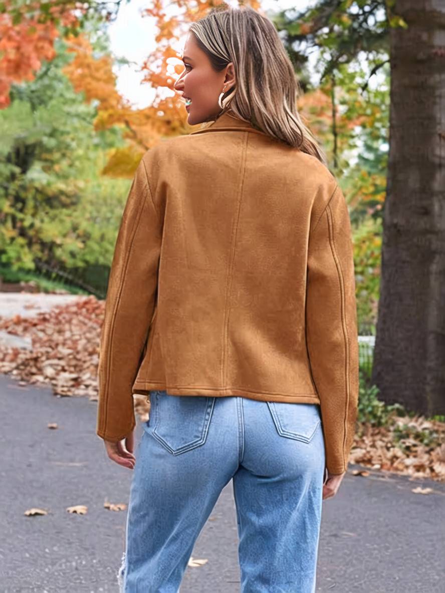 WW | Perfekte Wildlederjacke aus Suedine mit Reißverschlusstaschen Reverskragen Lange Ärmel Damen Lässige Mode