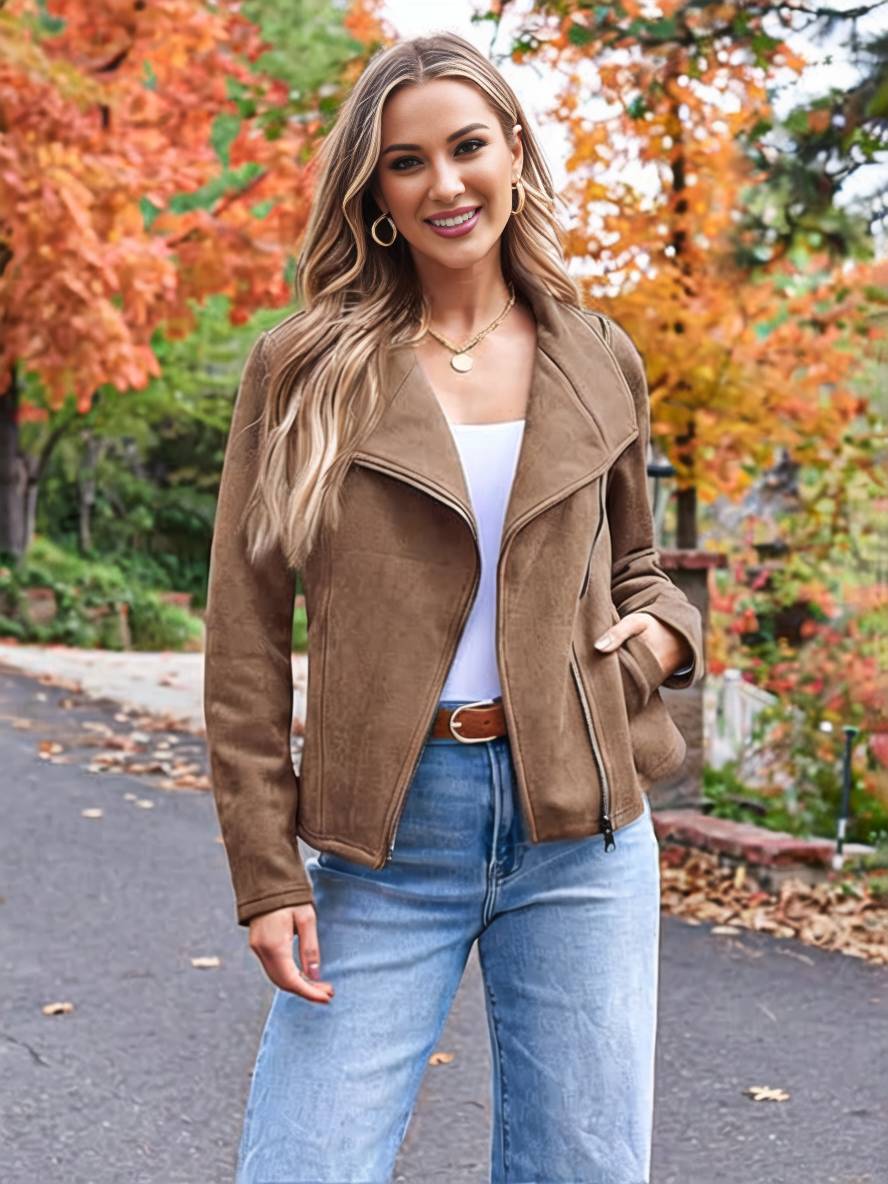 WW | Perfekte Wildlederjacke aus Suedine mit Reißverschlusstaschen Reverskragen Lange Ärmel Damen Lässige Mode