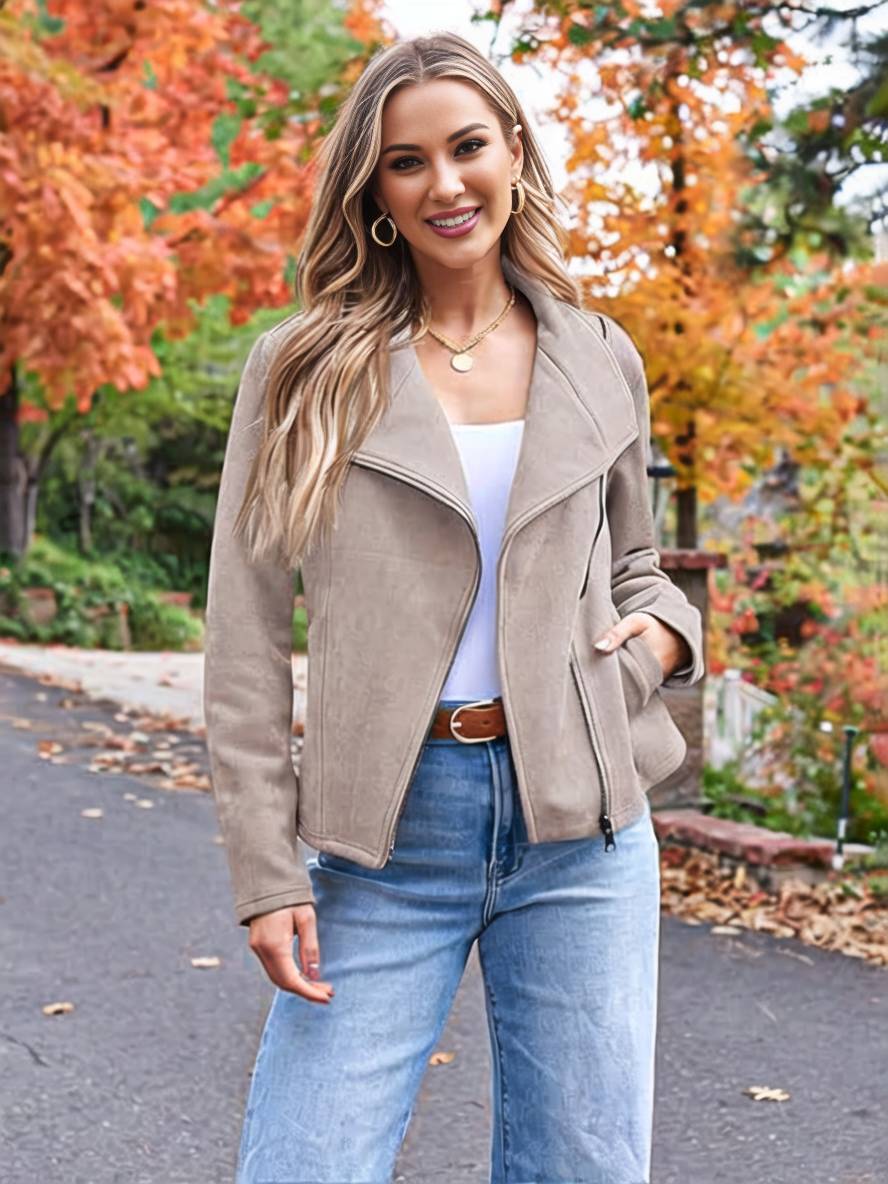 WW | Perfekte Wildlederjacke aus Suedine mit Reißverschlusstaschen Reverskragen Lange Ärmel Damen Lässige Mode