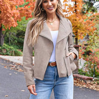 WW | Perfekte Wildlederjacke aus Suedine mit Reißverschlusstaschen Reverskragen Lange Ärmel Damen Lässige Mode