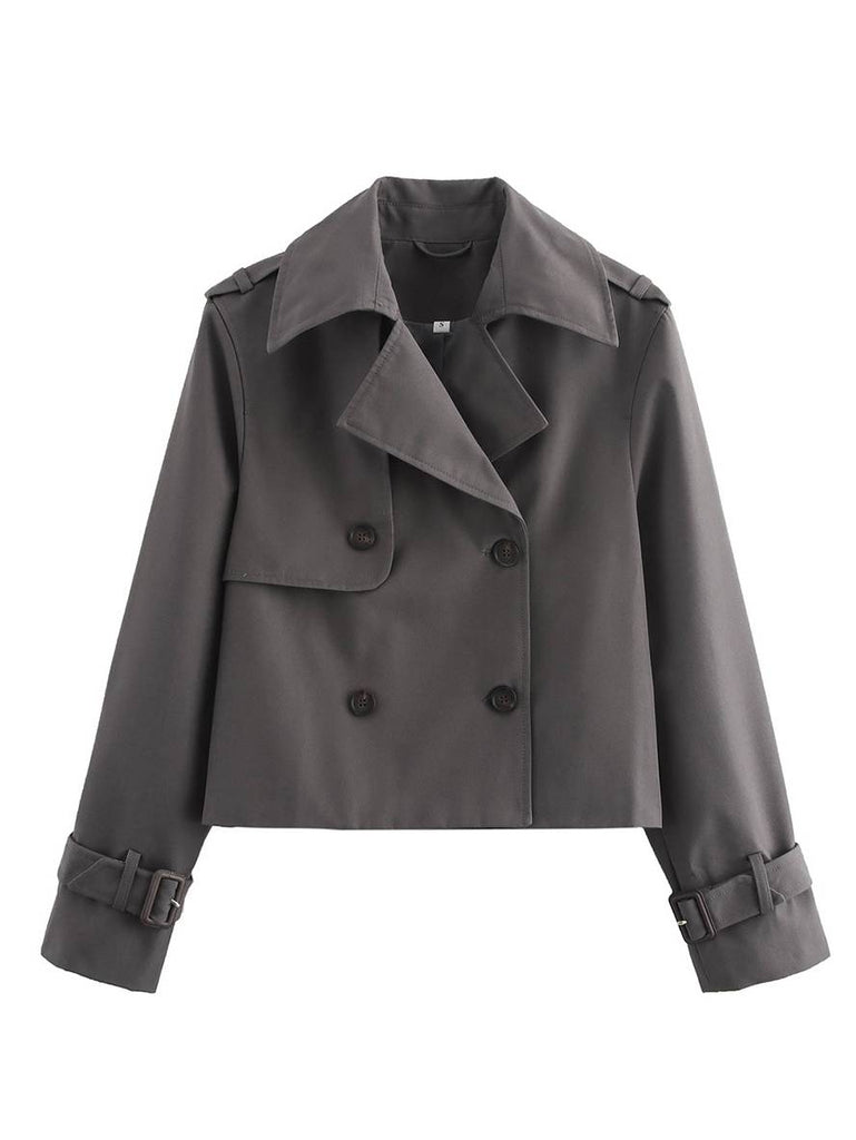 WW | Kurze Caban-Jacke Einfarbig Doppelreihig Taschen Lange Ärmel Damen Elegant Lässig