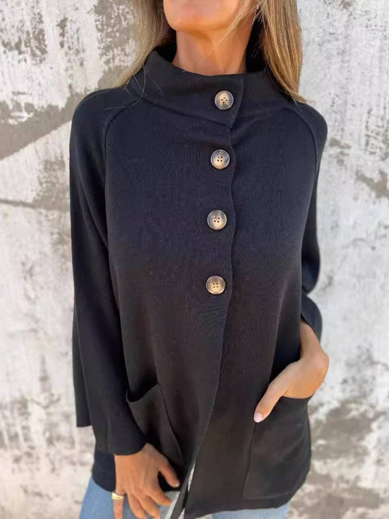 WW | Poncho Mantel Damen Knopftaschen Hoher Kragen Damen Casual Weit Oversized Casual Jacke