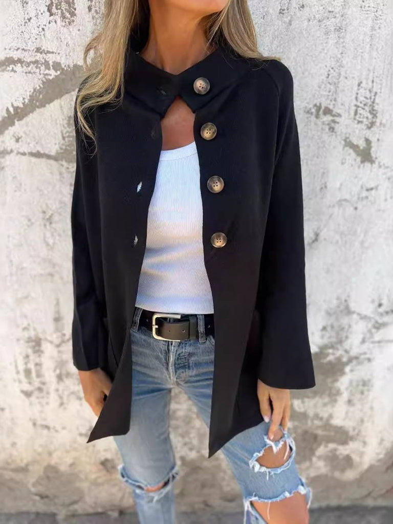 WW | Poncho Mantel Damen Knopftaschen Hoher Kragen Damen Casual Weit Oversized Casual Jacke