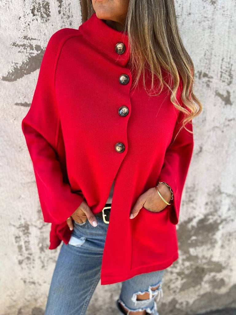 WW | Poncho Mantel Damen Knopftaschen Hoher Kragen Damen Casual Weit Oversized Casual Jacke