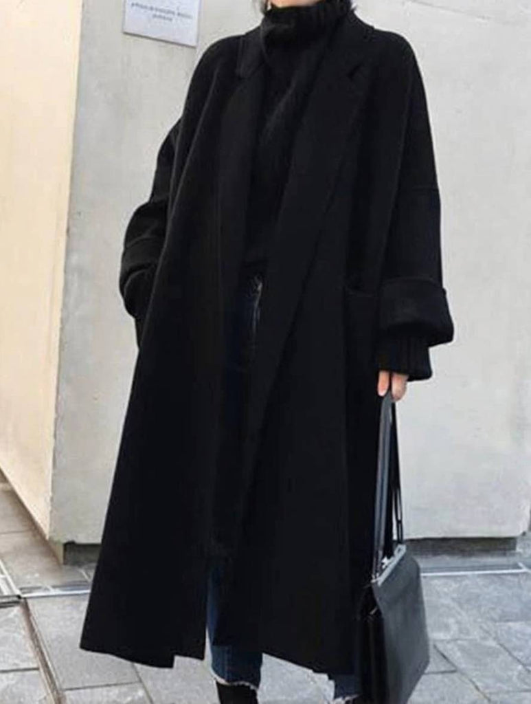 WW | Langer Mantel aus Wolle mit Seitenschlitz Gürtel Oversized Damen Elegante Jacke