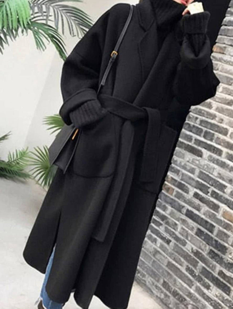 WW | Langer Mantel aus Wolle mit Seitenschlitz Gürtel Oversized Damen Elegante Jacke