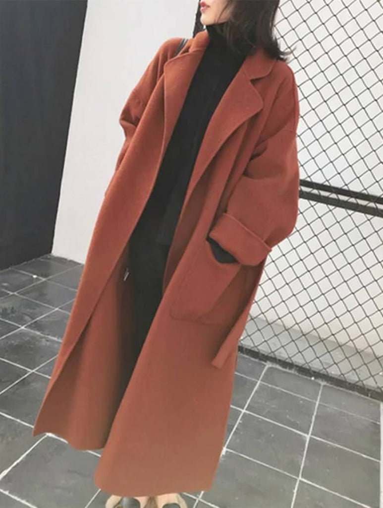 WW | Langer Mantel aus Wolle mit Seitenschlitz Gürtel Oversized Damen Elegante Jacke