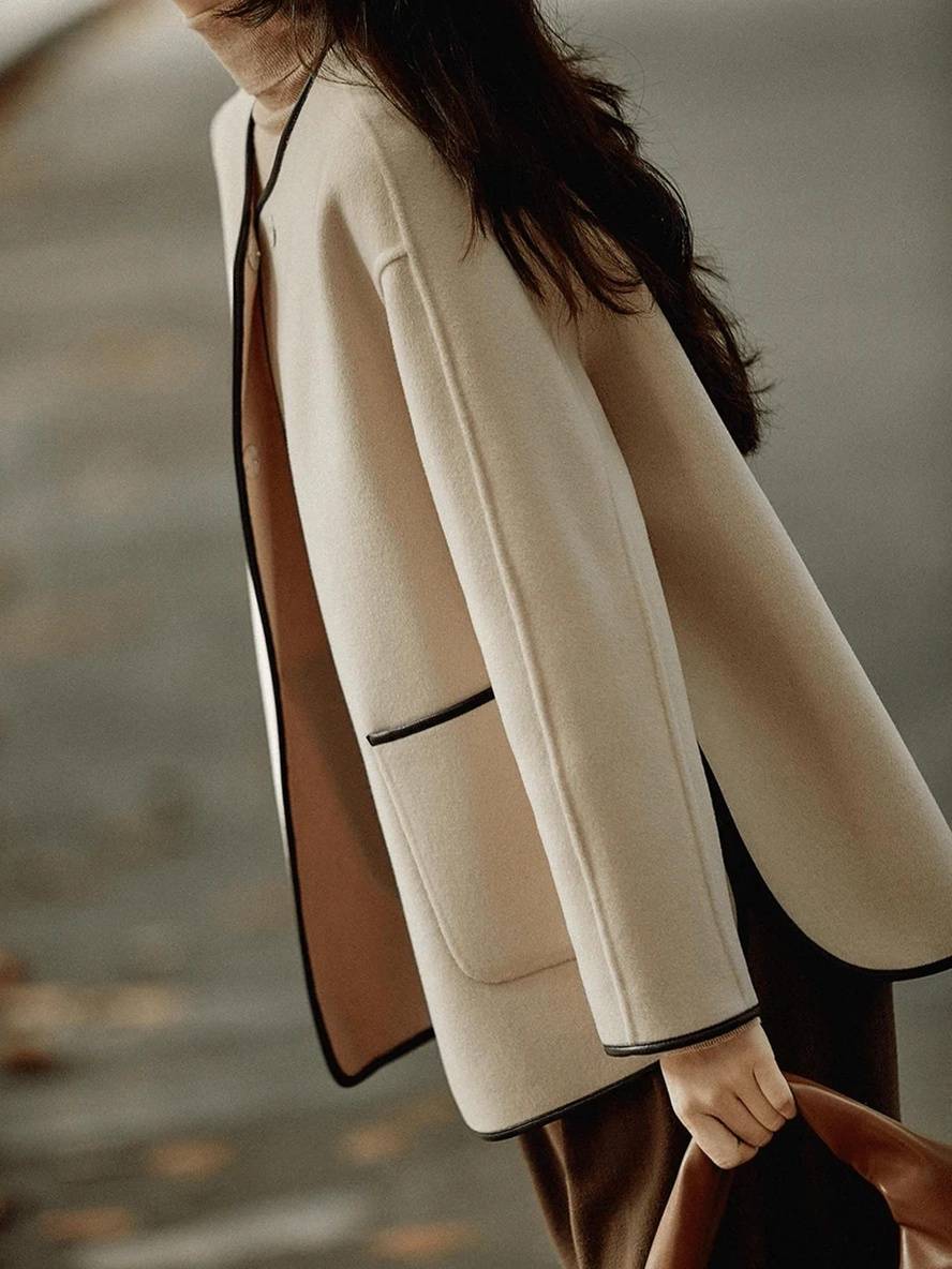 WW | Kurz Mantel aus Wolle Taschen Rundhals Lange Ärmel Damen Elegante Mode Jacke