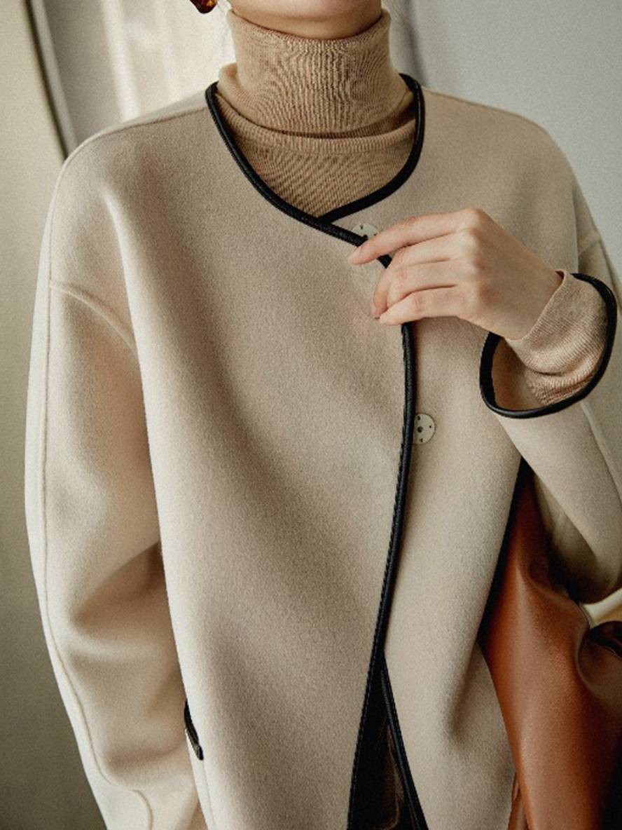 WW | Kurz Mantel aus Wolle Taschen Rundhals Lange Ärmel Damen Elegante Mode Jacke