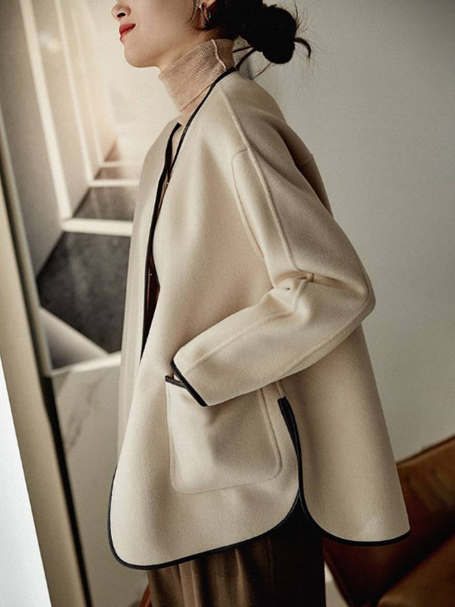 WW | Kurz Mantel aus Wolle Taschen Rundhals Lange Ärmel Damen Elegante Mode Jacke