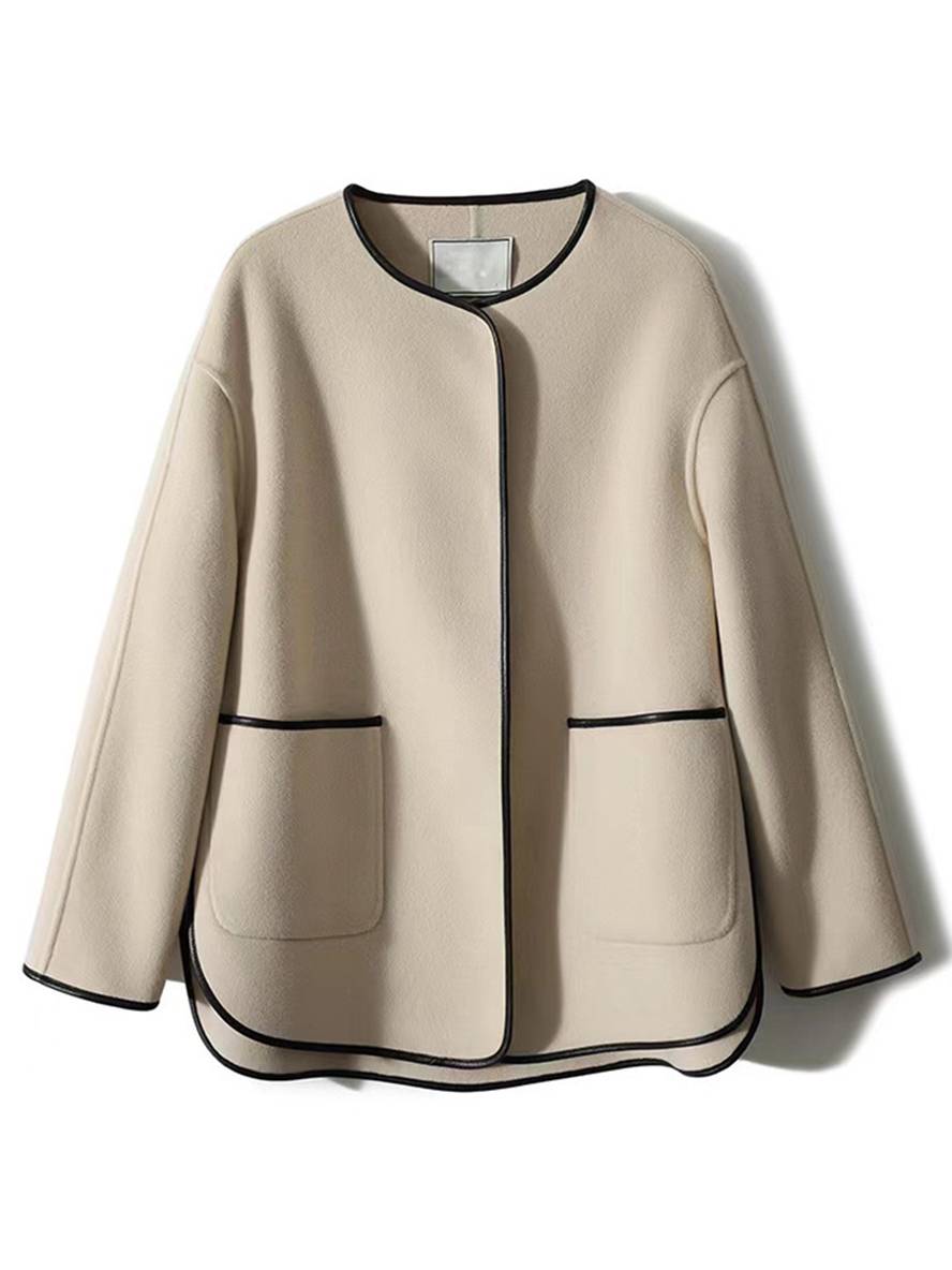 WW | Kurz Mantel aus Wolle Taschen Rundhals Lange Ärmel Damen Elegante Mode Jacke