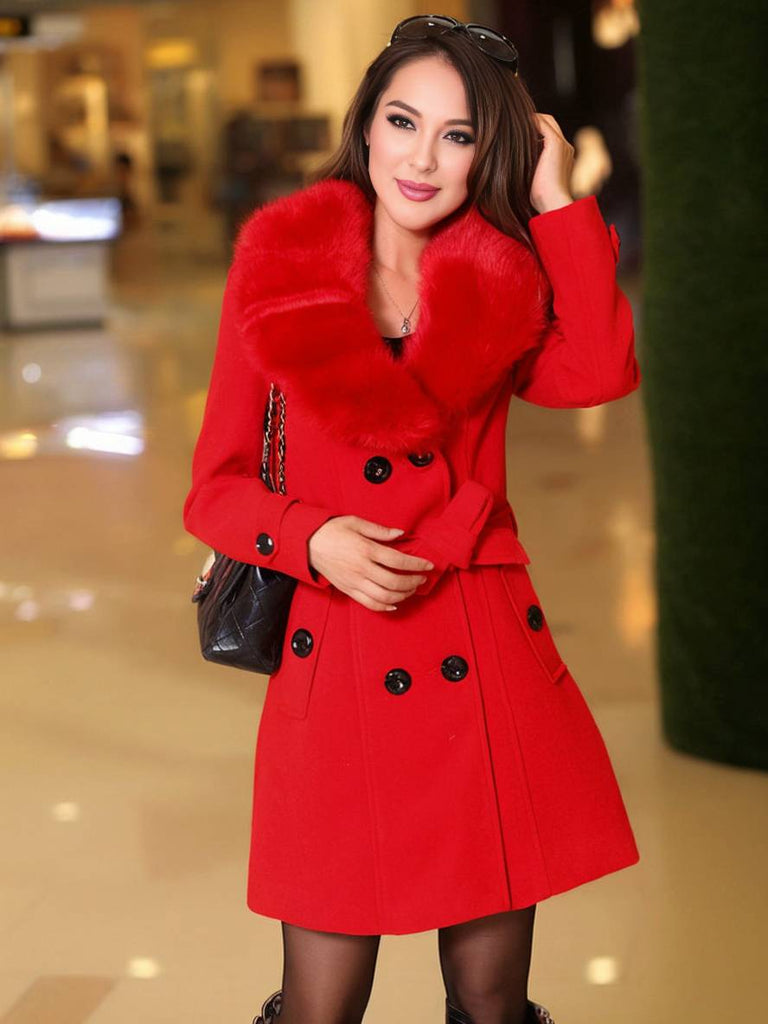 WW | Mittellanger Wollmantel Doppelreiher Taschen Fliege Gürtel Lange Ärmel Damen Elegant Jacke