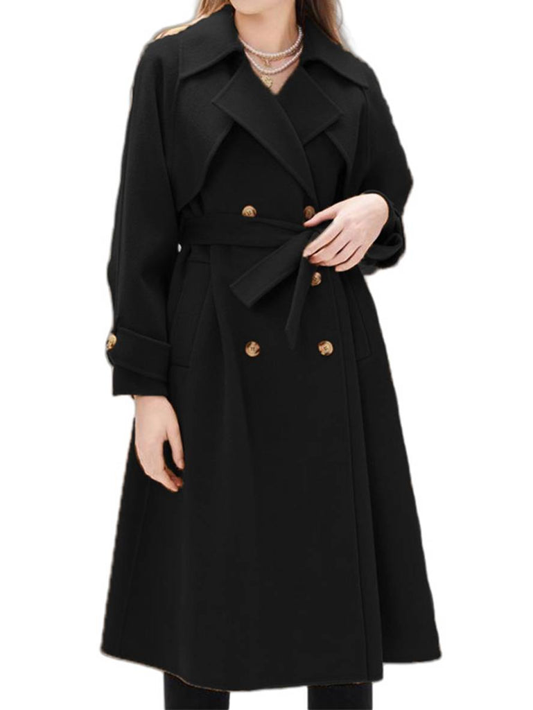 WW | Mi-Langer Mantel aus Wolle mit Doppelknöpfen Taschen Gürtel Damen Elegant Casual Oversized