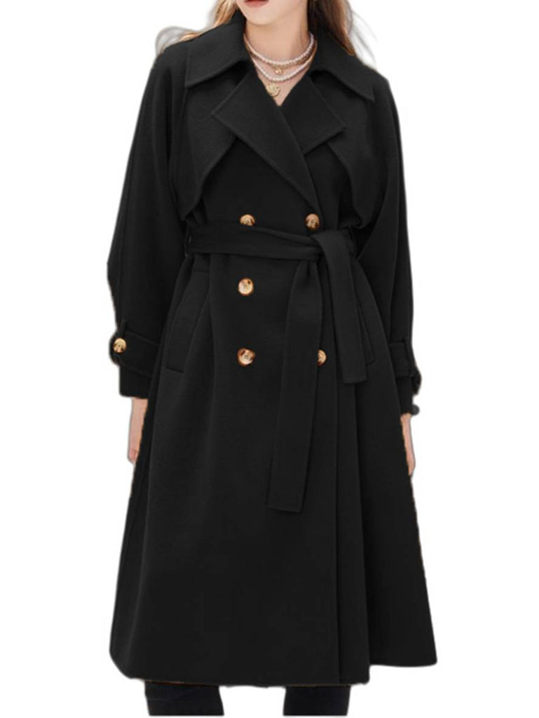 WW | Mi-Langer Mantel aus Wolle mit Doppelknöpfen Taschen Gürtel Damen Elegant Casual Oversized