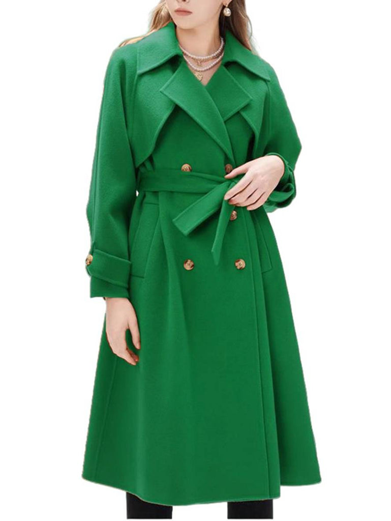 WW | Mi-Langer Mantel aus Wolle mit Doppelknöpfen Taschen Gürtel Damen Elegant Casual Oversized