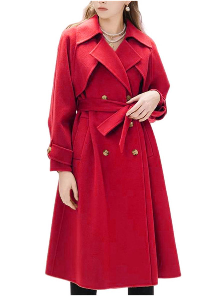 WW | Mi-Langer Mantel aus Wolle mit Doppelknöpfen Taschen Gürtel Damen Elegant Casual Oversized