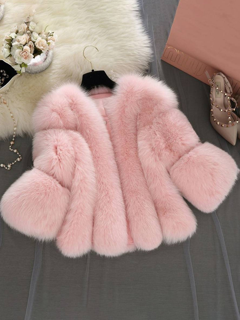 WW | Einfarbiger Kunstpelzmantel mit Langen Ärmeln für Damen Elegante Mode Winterjacke