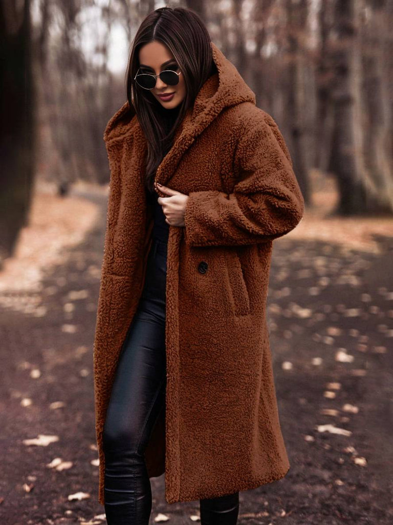 WW | Langer Teddy-Mantel mit Kapuze Einfarbige Knöpfe Taschen Lange Ärmel Damen Casual Oversized Winter