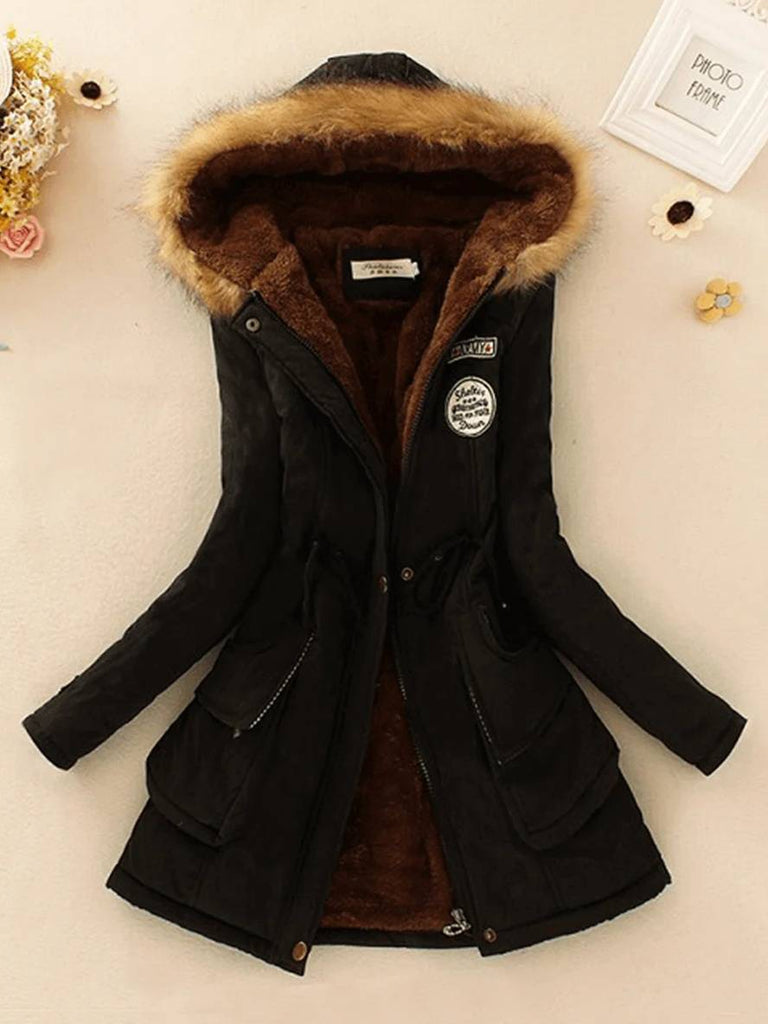 WW | Mid-Length Parka Innenfutter aus Fell mit Kapuze Knöpfe Taschen Reißverschluss Frauen Lässige Mode