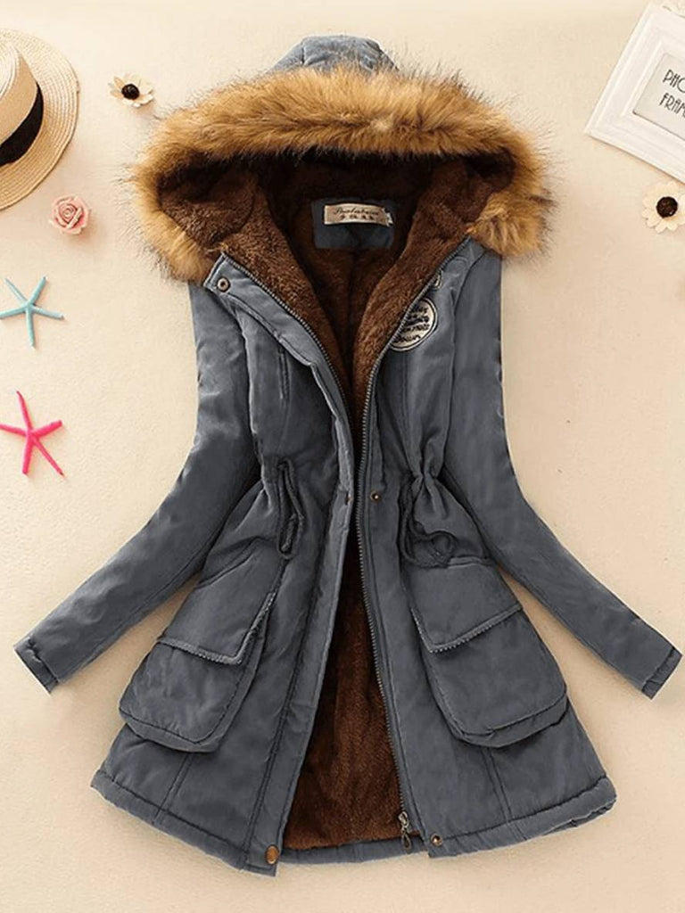 WW | Mid-Length Parka Innenfutter aus Fell mit Kapuze Knöpfe Taschen Reißverschluss Frauen Lässige Mode