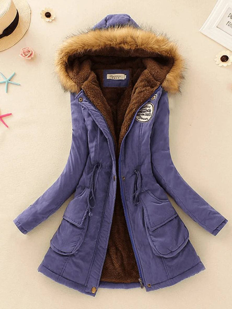 WW | Mid-Length Parka Innenfutter aus Fell mit Kapuze Knöpfe Taschen Reißverschluss Frauen Lässige Mode