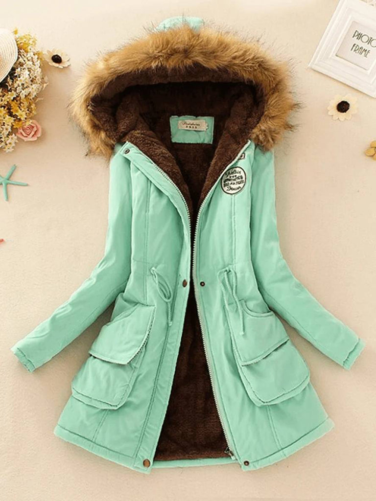 WW | Mid-Length Parka Innenfutter aus Fell mit Kapuze Knöpfe Taschen Reißverschluss Frauen Lässige Mode