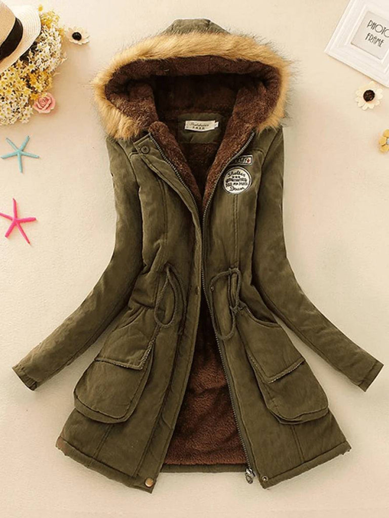 WW | Mid-Length Parka Innenfutter aus Fell mit Kapuze Knöpfe Taschen Reißverschluss Frauen Lässige Mode