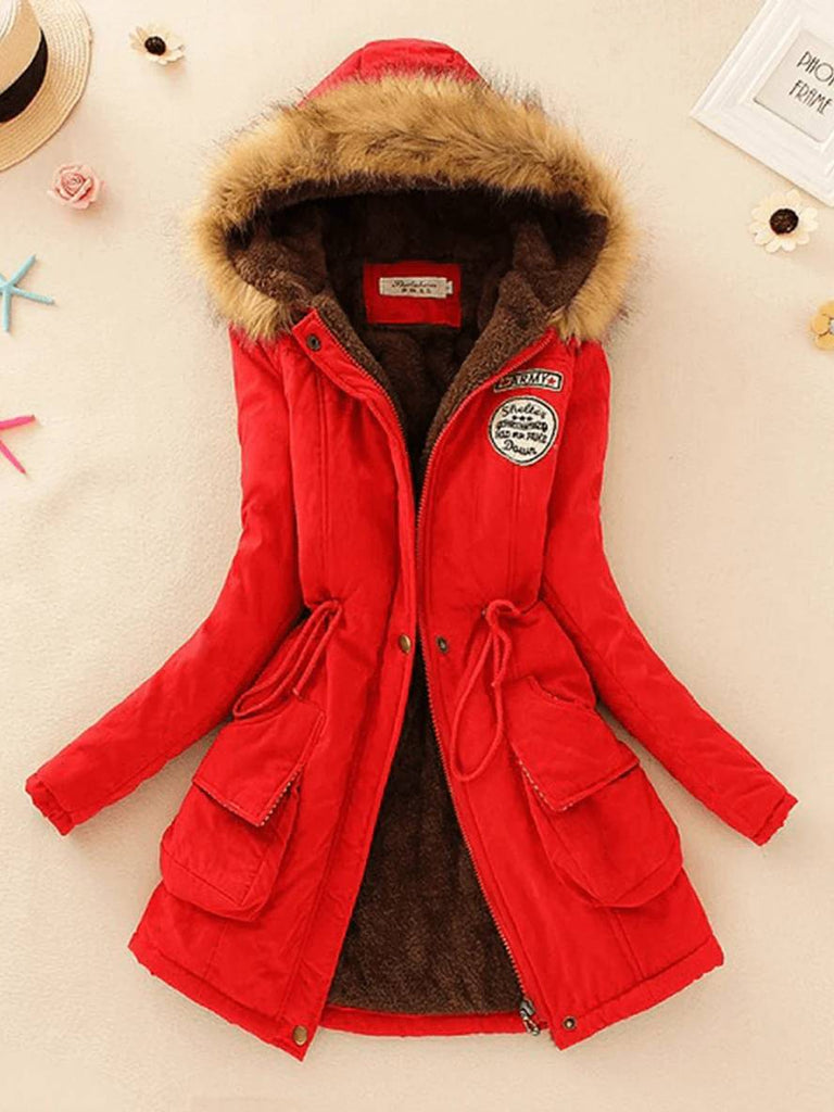 WW | Mid-Length Parka Innenfutter aus Fell mit Kapuze Knöpfe Taschen Reißverschluss Frauen Lässige Mode