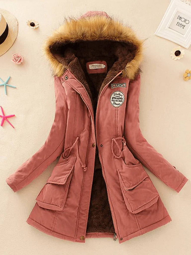 WW | Mid-Length Parka Innenfutter aus Fell mit Kapuze Knöpfe Taschen Reißverschluss Frauen Lässige Mode