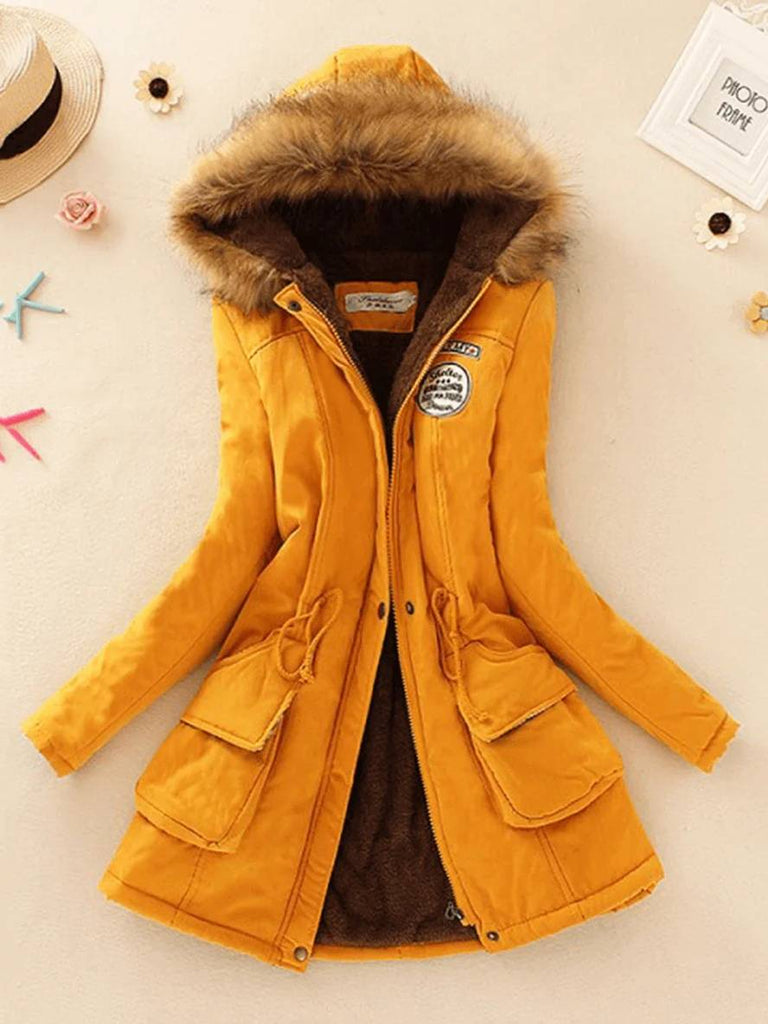 WW | Mid-Length Parka Innenfutter aus Fell mit Kapuze Knöpfe Taschen Reißverschluss Frauen Lässige Mode