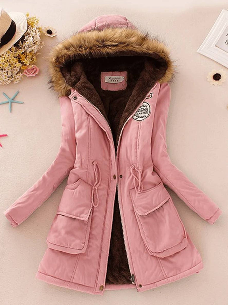 WW | Mid-Length Parka Innenfutter aus Fell mit Kapuze Knöpfe Taschen Reißverschluss Frauen Lässige Mode