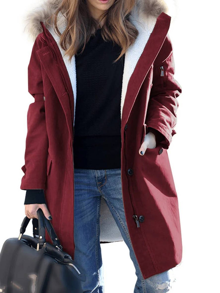 WW | Midi-Lange Winter Mantel Parka mit Kapuze Taschen Reißverschluss Falsches Fell Kragen Damen Weit Oversized Lässig Jacke