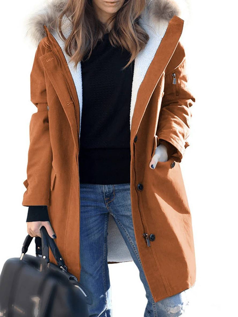 WW | Midi-Lange Winter Mantel Parka mit Kapuze Taschen Reißverschluss Falsches Fell Kragen Damen Weit Oversized Lässig Jacke