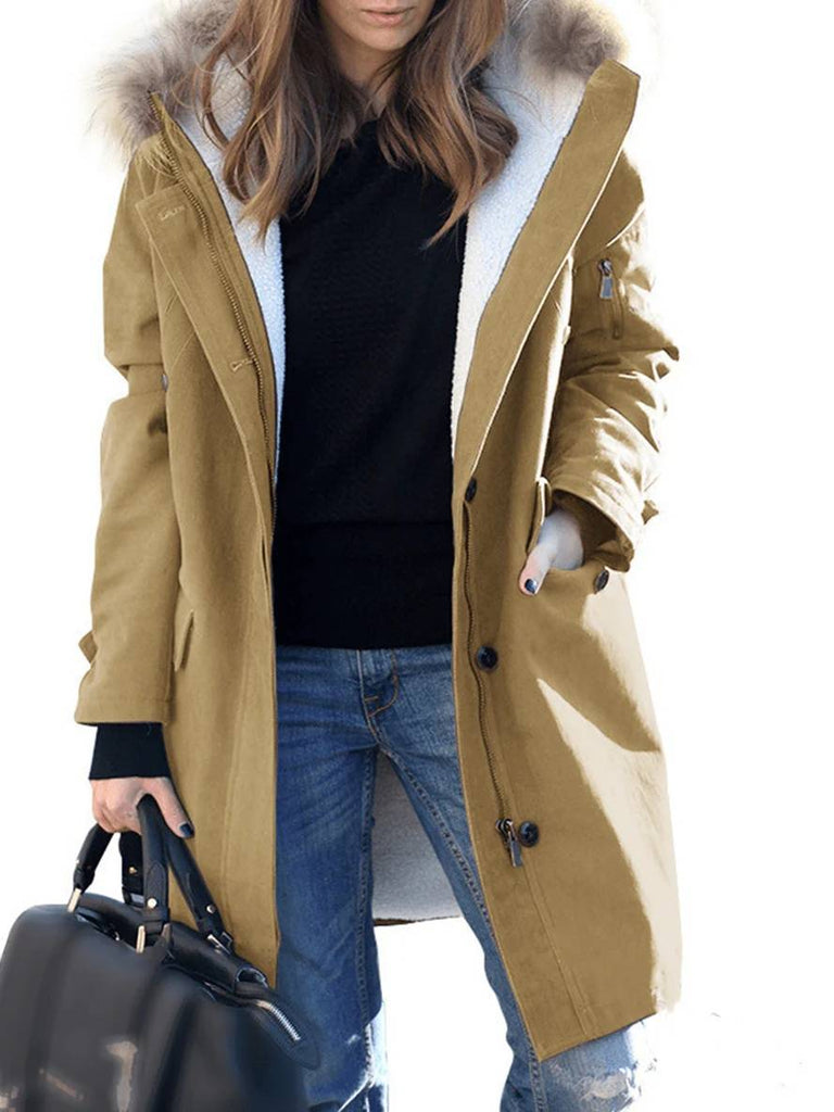 WW | Midi-Lange Winter Mantel Parka mit Kapuze Taschen Reißverschluss Falsches Fell Kragen Damen Weit Oversized Lässig Jacke