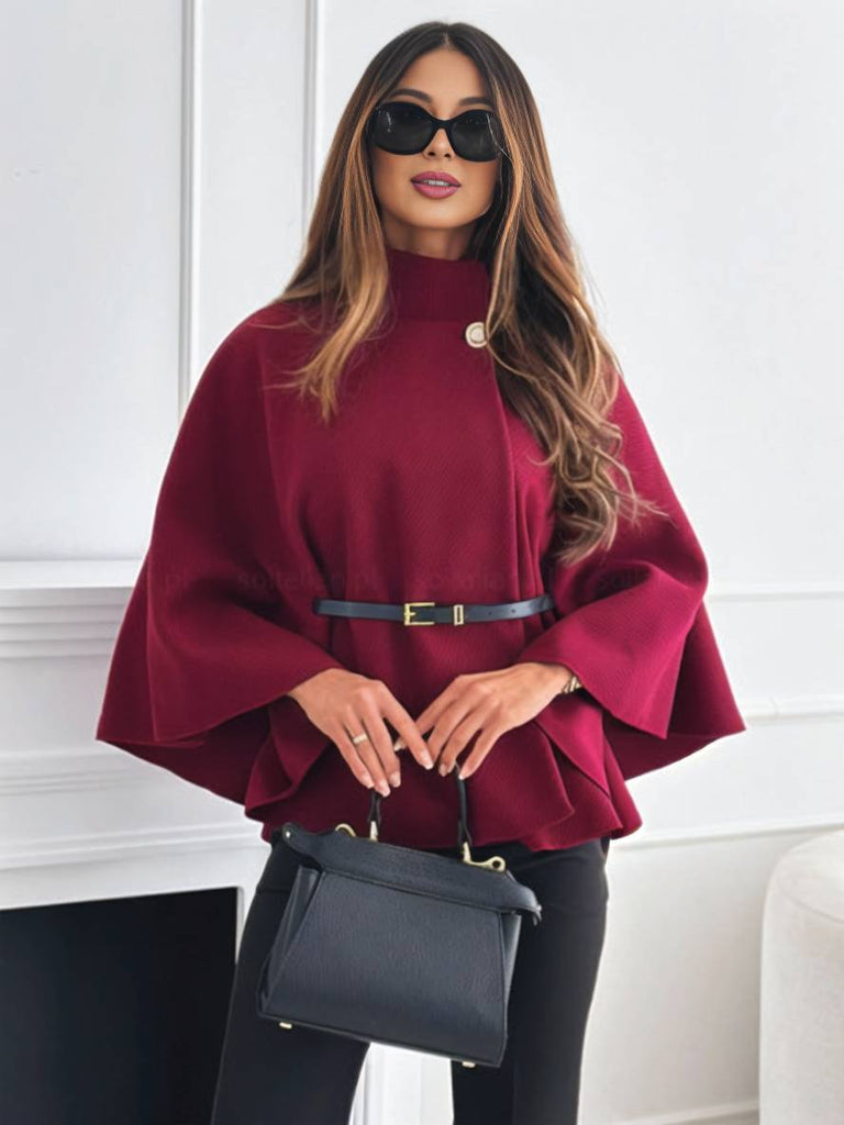 WW | Kurz Poncho Mantel Damen Knöpfe Gürtel Fledermausärmel Damen Elegant Lässig Weit Jacke