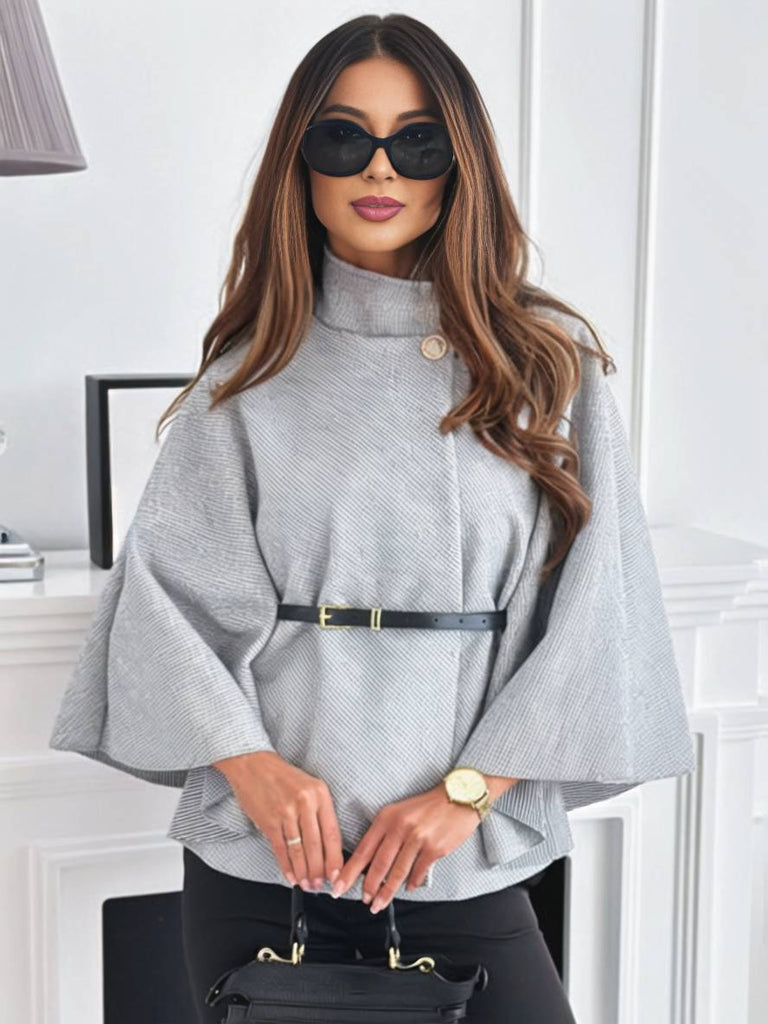 WW | Kurz Poncho Mantel Damen Knöpfe Gürtel Fledermausärmel Damen Elegant Lässig Weit Jacke