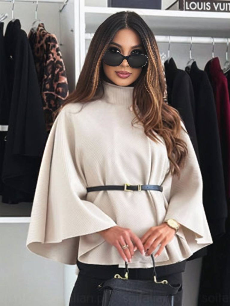 WW | Kurz Poncho Mantel Damen Knöpfe Gürtel Fledermausärmel Damen Elegant Lässig Weit Jacke