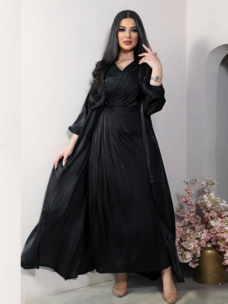 WW | Ensemble Kleid aus Satin Schleife Bright Wire Lange Ärmel Frauen Elegant Lässig Mode