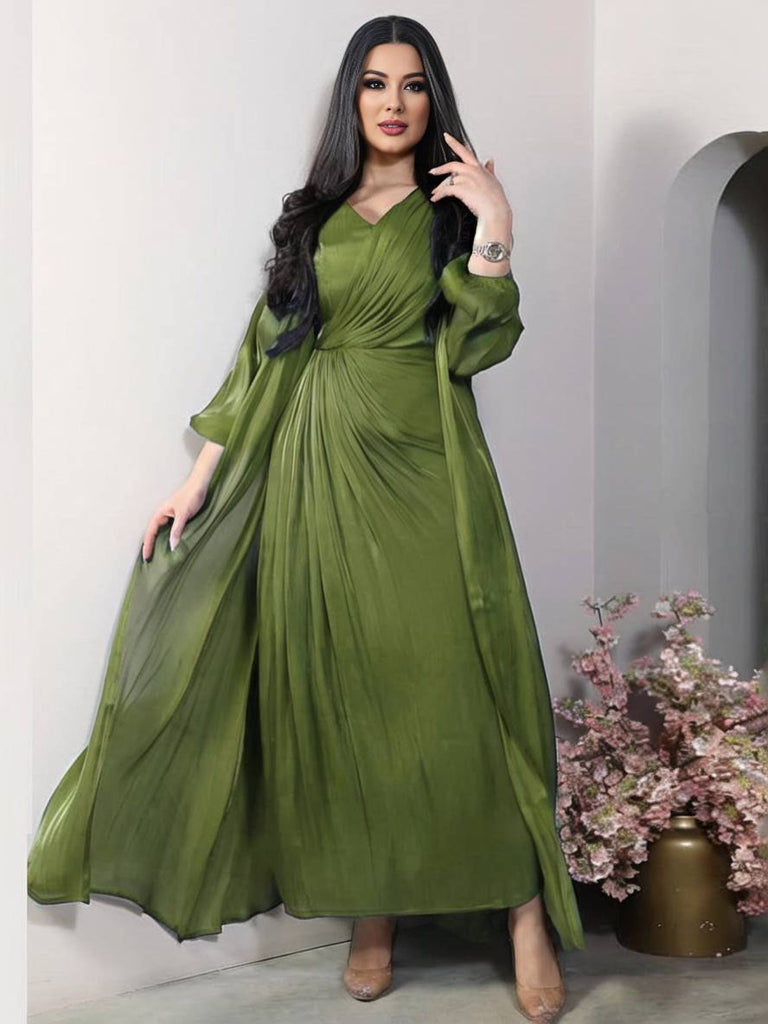 WW | Ensemble Kleid aus Satin Schleife Bright Wire Lange Ärmel Frauen Elegant Lässig Mode