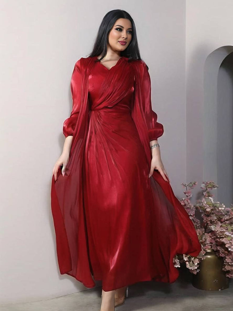 WW | Ensemble Kleid aus Satin Schleife Bright Wire Lange Ärmel Frauen Elegant Lässig Mode