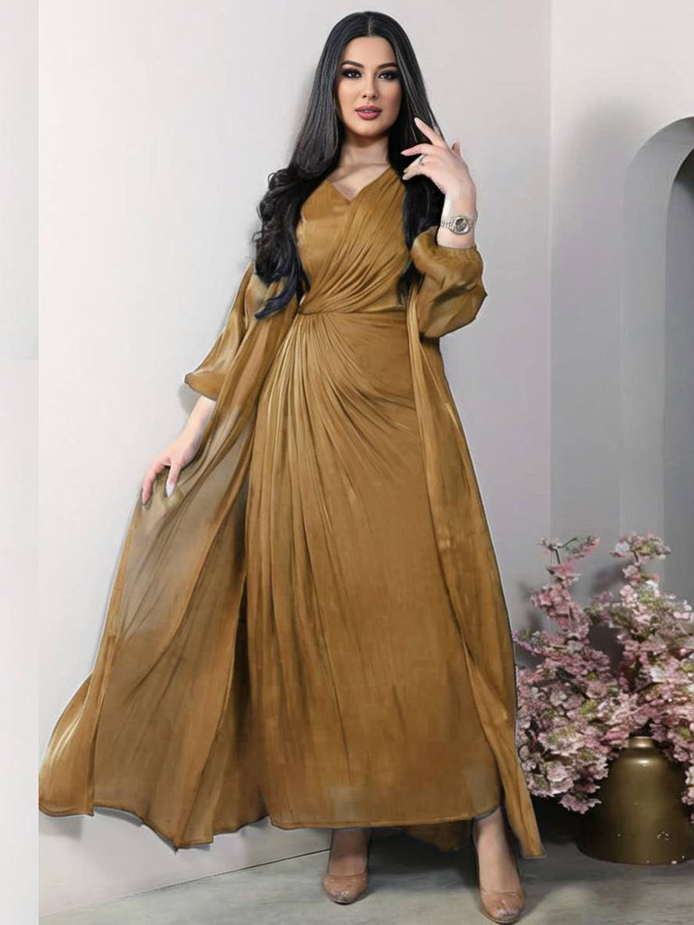 WW | Ensemble Kleid aus Satin Schleife Bright Wire Lange Ärmel Frauen Elegant Lässig Mode