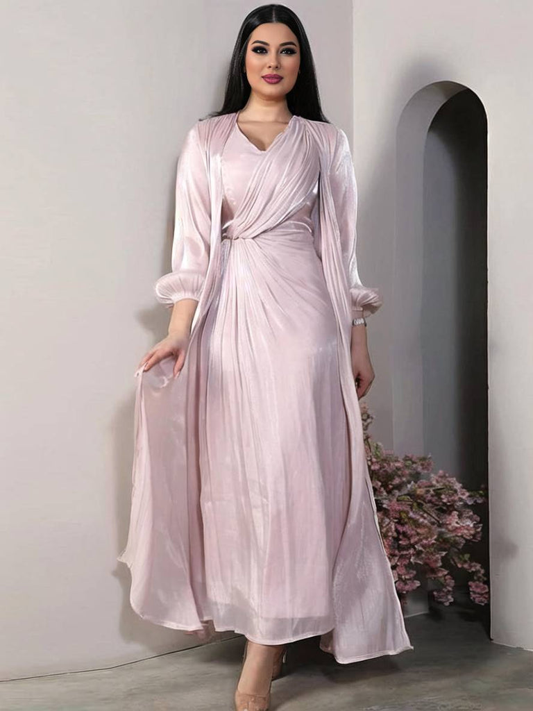 WW | Ensemble Kleid aus Satin Schleife Bright Wire Lange Ärmel Frauen Elegant Lässig Mode