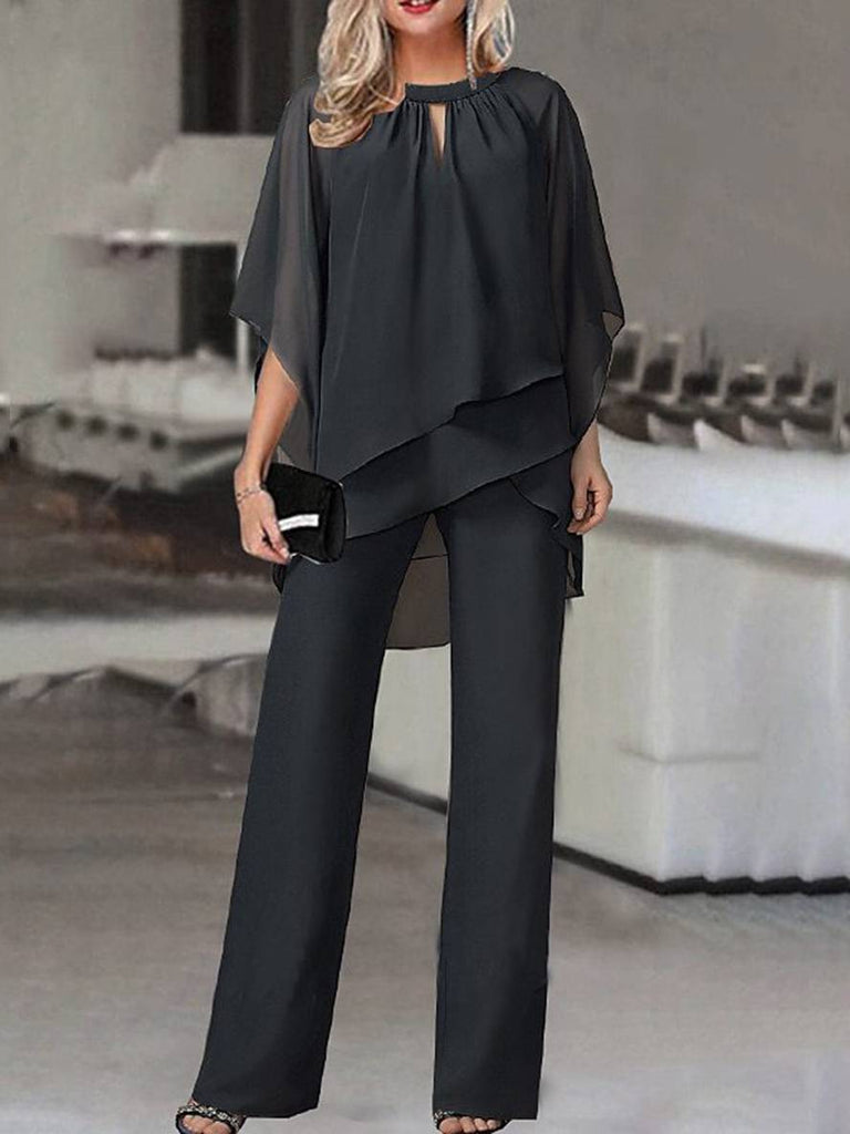 WW | Zweiteilige Sets Rundhalsausschnitt Fledermausärmel Irregulär Oberteile Gerade Hose Damen Lässig Locker Hochzeitsoutfit