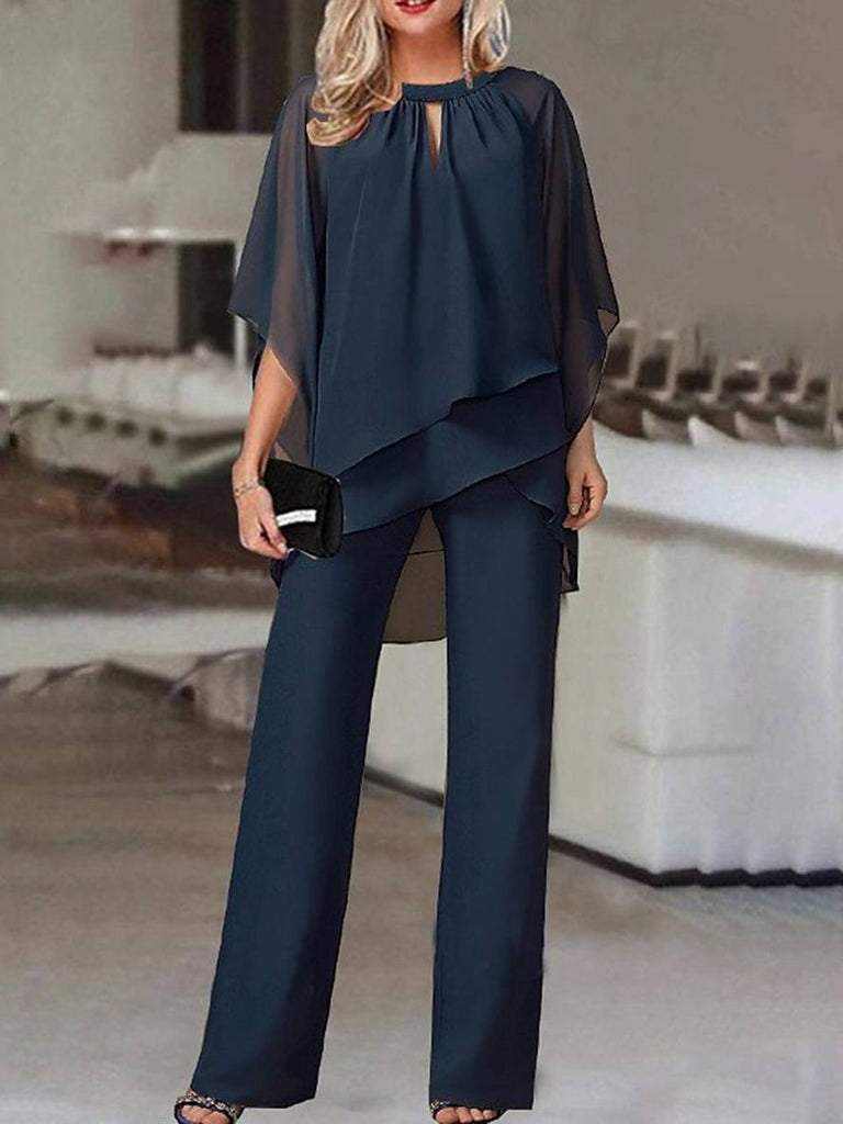 WW | Zweiteilige Sets Rundhalsausschnitt Fledermausärmel Irregulär Oberteile Gerade Hose Damen Lässig Locker Hochzeitsoutfit